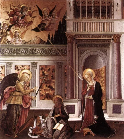 Apreiškimas Švč. Mergelei Marijai. Benedetto Bonfigli, 1455-60.