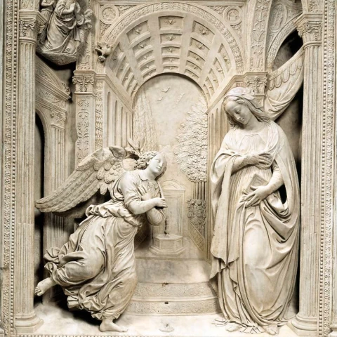 Apreiškimas Švč. Mergelei Marijai. Benedetto da Maiano, prieš 1489.
