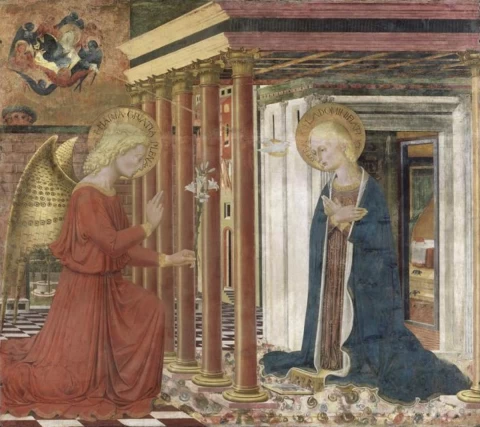 Apreiškimas Švč. Mergelei Marijai. Bartolomeo Caporali, apie 1460.