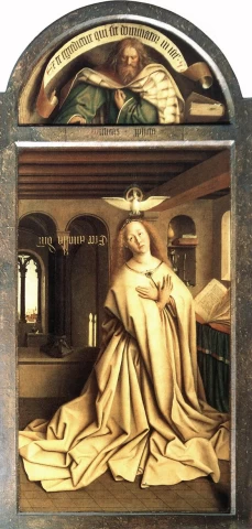 Apreiškimas Švč. Mergelei Marijai. Gento altorius. Jan van Eyck, 1432.