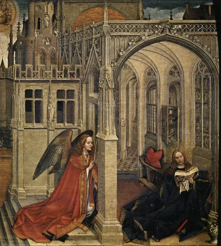Apreiškimas Švč. Mergelei Marijai. Flémalle meistras, apie 1430.