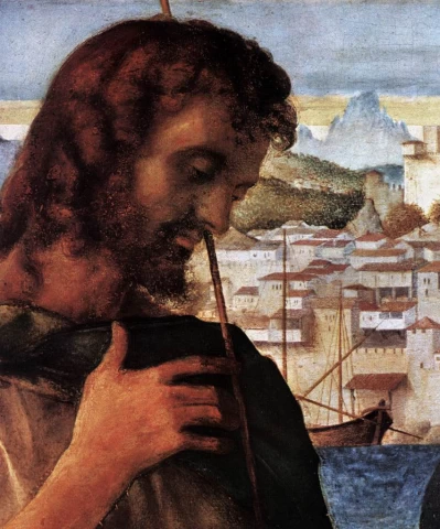 Madona su kūdikiu, šv. Jonu krikštytoju ir šventuoju (detalė). Giovanni Bellini, 1500-04.