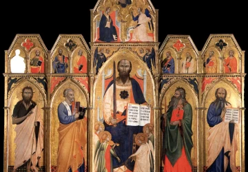 Šv. Paulius soste su šventaisiais ir angelais. Nežinomas italų meistras, apie 1360.