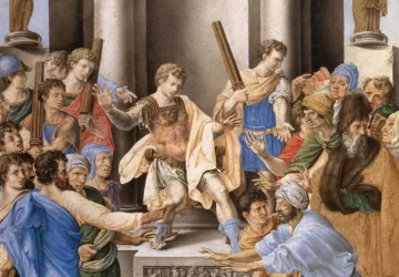 Šv. Paulius apakina burtininką Elimą prokonsulo Sergijaus akivaizdoje. Giulio Clovio.