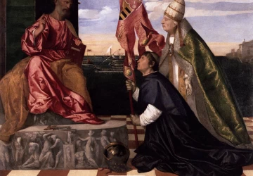Popiežius Aleksandras VI pristato Jokūbą Pesarą šv. Petrui. Vecellio Tiziano, 1506-11.
