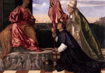 Popiežius Aleksandras VI pristato Jokūbą Pesarą šv. Petrui. Vecellio Tiziano, 1506-11.