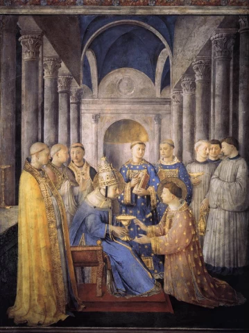 Šv. Petras įšventina šv. Laurencijų djakonu. Fra Angelico, 1447-49.