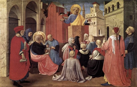Šv. Petras pamokslauja dalyvaujant šv. Morkui. Fra Angelico, apie 1433.