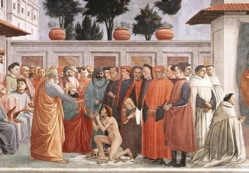 Teofiliaus sūnaus prikėlimas ir šv. Petras, sėdintis soste. Masaccio, 1426-27.