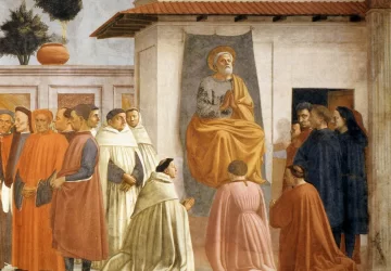 Teofiliaus sūnaus prikėlimas ir šv. Petras, sėdintis soste (detalė). Masaccio, 1426-27.