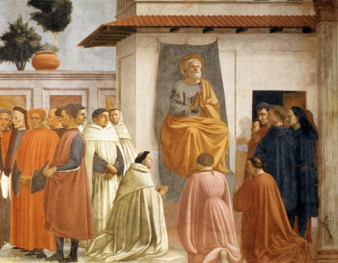 Teofiliaus sūnaus prikėlimas ir šv. Petras, sėdintis soste (detalė). Masaccio, 1426-27.
