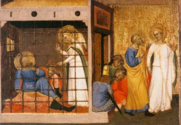 Šv. Petras išvaduojamas iš kalėjimo (San Pier Madžiorė altoriaus detalė). Jacopo di Cione, 1370-71.