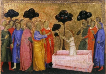 Šv. Petras prikelia Teofiliaus sūnų (San Pier Madžiorė altoriaus detalė). Jacopo di Cione, 1370-71.