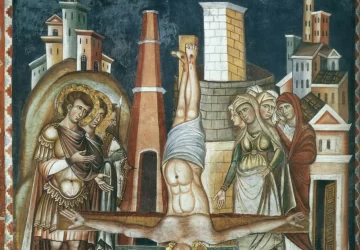 Šv. Petro nukryžiavimas (pietinė kairė siena). Nežinomas italų meistras, 1278-79.