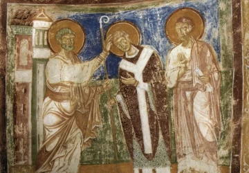 Šv. Petras įšventina šv. Hermagorą į vyskupus dalyvaujant šv. Morkui. Painter Italian Romanesque, apie 1180.