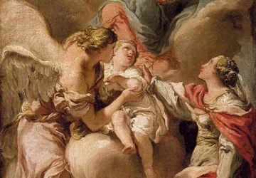 Šv. Justina ir angelas sargas, perduodantys kūdikio sielą Madonai ir kūdikėliui. Gaetano Gandolfi, 1792-93.