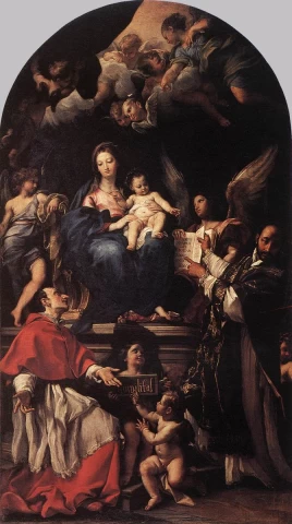 Madona ir kūdikėlis soste su angelais ir šventaisiais. Carlo Maratti, 1680-90.