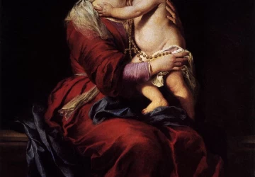 Mergelė ir kūdikėlis su rožančiumi. Bartolomé Esteban Murillo, 1650-55.