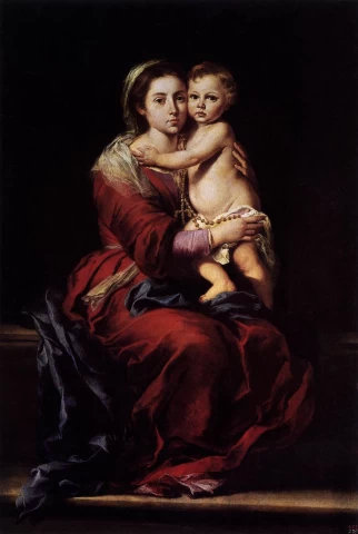Mergelė ir kūdikėlis su rožančiumi. Bartolomé Esteban Murillo, 1650-55.