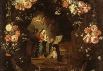 Madona su kūdikėliu ir šv. Ildefonsu, įrėminti gėlių girlianda. Jan van Kessel I, 1646-52.