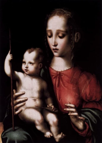 Mergelė ir kūdikėlis su verpste. Luis de Morales, 1567-69.
