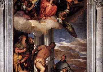 Mergelė ir kūdikėlis soste su šventaisiais. Paolo Veronese, 1564-65.