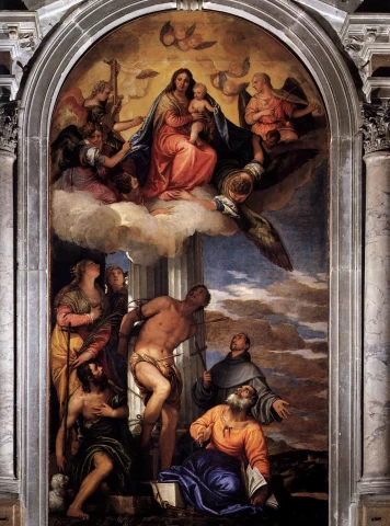 Mergelė ir kūdikėlis soste su šventaisiais. Paolo Veronese, 1564-65.