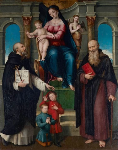 Mergelė ir kūdikėlis soste tarp šv. Vincento Ferero ir šv. Antano abato. Luca Longhi, 1544.