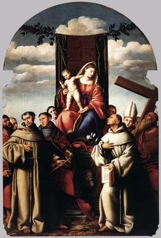 Mergelė ir kūdikėlis soste su šventaisiais. Bernardino Licinio, 1535.