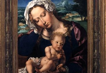 Mergelė ir kūdikėlis peizažo fone. Jan Gossart, 1531.