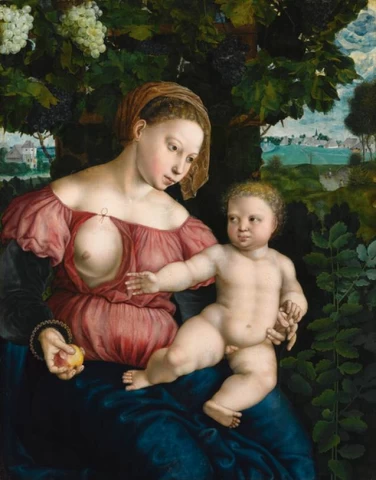 Mergelė ir kūdikėlis po vynuogienojumi. Jan Sanders van Hemessen, 1528-29.