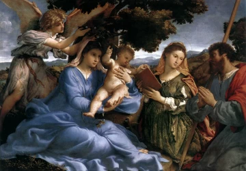 Madona ir kūdikėlis su šventaisiais ir angelu. Lorenzo Lotto, 1527-28.