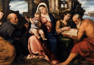 Mergelė ir kūdikėlis su šventaisiais. Veronese Bonifacio, 1525-30.