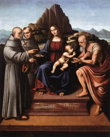 Mergelė ir kūdikėlis soste su šventaisiais. Marco D&apos; Oggiono, apie 1524.