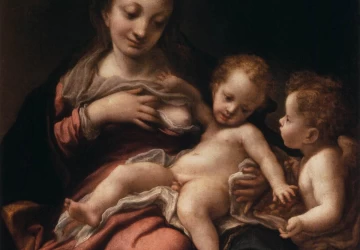 Mergelė ir kūdikėlis su angelu (Late Madona). Correggio, 1522-25.