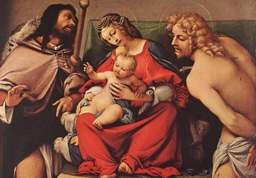Madona su kūdikėliu, šv. Roku ir šv. Sebastijonu. Lorenzo Lotto, apie 1522.