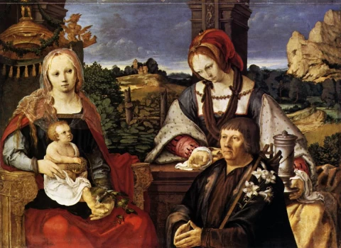Mergelė ir kūdikėlis su šv. Magdalena ir donoru. Lucas van Leyden, 1522.