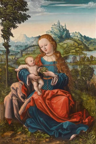 Mergelė ir kūdikėlis prie gėlių klombos. Nežinomas vokiečių meistras, 1522.