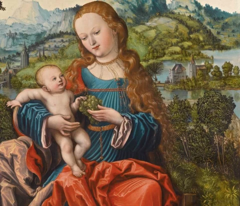 Mergelė ir kūdikėlis prie gėlių klombos (detalė). Nežinomas vokiečių meistras, 1522.