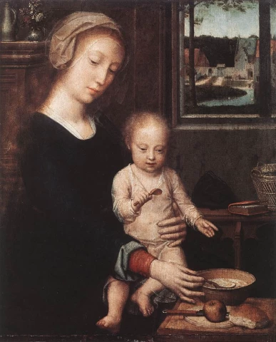 Madona ir vaikelis su pieniška sriuba. Gerard David, apie 1520.