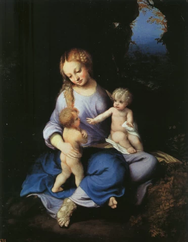 Madona ir vaikelis su jaunu šv. Jonu Krikštytoju. Correggio, 1516.