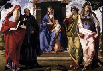 Mergelė ir kūdikėlis soste su šventaisiais. Benedetto Diana, apie 1515.