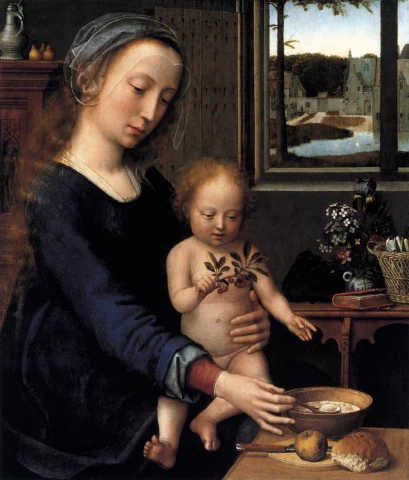 Mergelė ir kūdikėlis su pieniška sriuba. Gerard David, apie 1515.