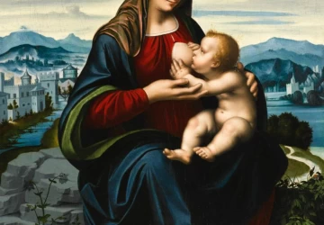 Mergelė ir kūdikėlis peizažo fone. Marco D&apos; Oggiono, apie 1515.