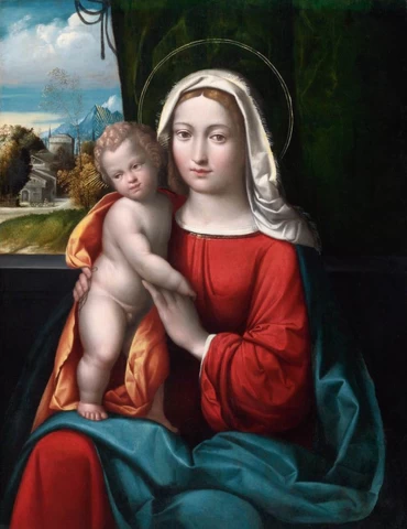 Mergelė ir kūdikėlis prieš užuolaidą. Garofalo, apie 1512.