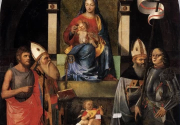 Mergelė ir kūdikėlis soste su šventaisiais. Agostino da Lodi Giovanni, apie 1510.