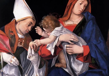 Madona ir kūdikėlis su šv. Ignacu Antiochiečiu ir šv. Onuprijumi (detalė). Lorenzo Lotto, 1508.