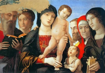 Mergelė ir kūdikėlis su šventaisiais. Andrea Mantegna, apie 1500.