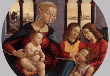 Madona su vaikeliu, jaunu šv. Jonu Krikštytoju ir dviem angelais. Bastiano Mainardi, apie 1500.