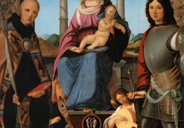 Mergelė ir kūdikėlis soste su šv. Benediktu ir šv. Kventinu. Francesco Marmitta, 1500-05.